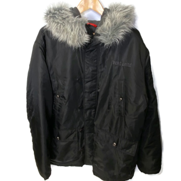 Ecko Unltd Black Puffer Jacket Faux Fur 